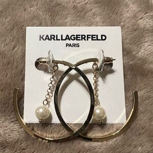 NWT KARL LAGERFELD Gold-Tone Imitation Pearl & Chain Dangle Medium Hoop Earrings